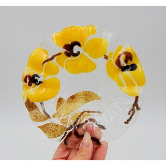 Sydenstricker Fused Glass Yellow Orchid Flower Ruffled Bowl Trinket 6-3/4 Inch - Picture 5 of 6